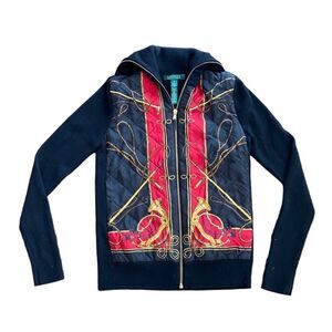Ralph Lauren Equestrian Silk Wool Cardigan Sweater Shawl Collar Equestrian Mediu